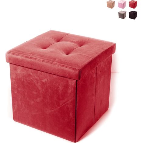 Pouf coffre de rangement carré en velours 38x38cm Elisa - Bordeaux (1/2)