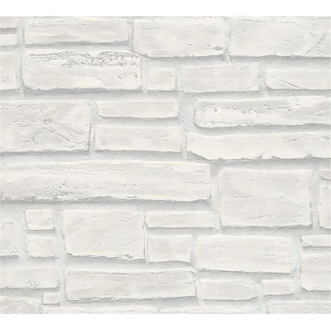 Stone tile wallpaper wall Profhome 662316 non-woven wallpaper smooth with nature-inspired pattern matt white grey 5.33 m2 (57 ft2) (1/5)