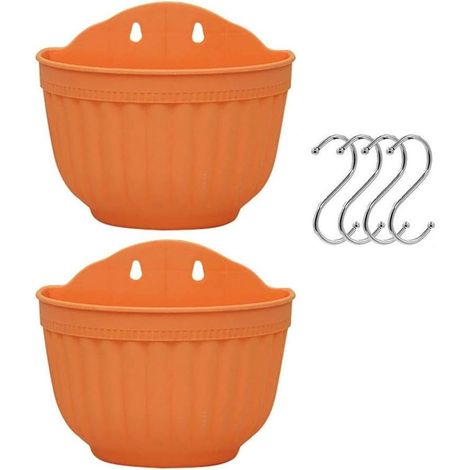 Set de 2 pots suspendus en plastique pour balcon, clôture, pot mural avec drain et 4 crochets (orange + Orange) (1/5)