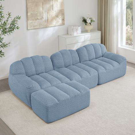 Divano modulare a L a 3 posti con 1 pouf, divano senza stecche in schiuma ad alta densità 32D, seduta profonda, ideale per soggiorni, tessuto morbido, blu