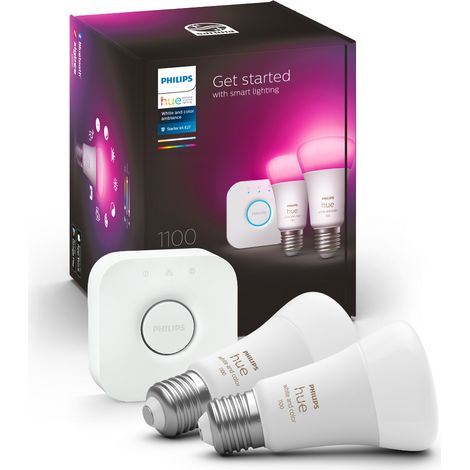 Philips Hue White and Color Ambiance, Kit de démarrage 2 ampoules E27, 75W, Bluetooth, fonctionne avec Alexa, Google et Homekit (1/10)