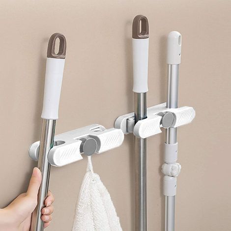 2 Pices Porte Vadrouille Balai, Accroche Balai Mural Sans Perage Pince, Mop Support Adhsif Avec Crochets Pour Cuisine Salle De Bain Jardin (1/5)