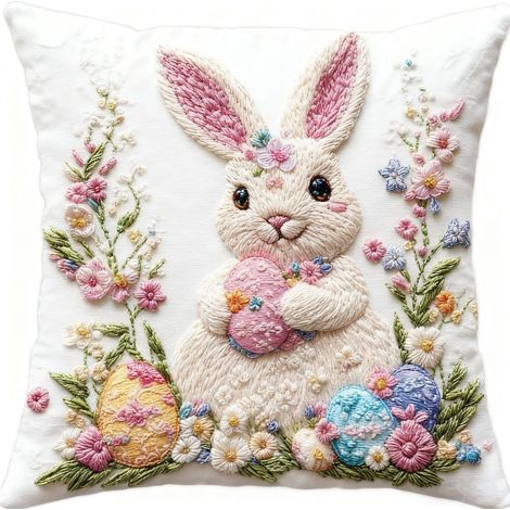 Housse De Coussin - Motif Lapin - Décoration Printemps Pâques - Pour Canapé Salon - Lot De 1 (1/5)