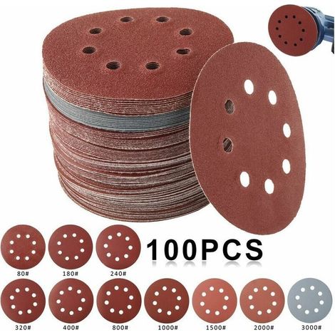 Disques de ponçage - Lot de 100 disques de ponçage, grains 80/180/240/320/400/800/1000/1500/2000/3000, diamètre 125 mm, idéaux pour le polissage et le décapage. (1/5)