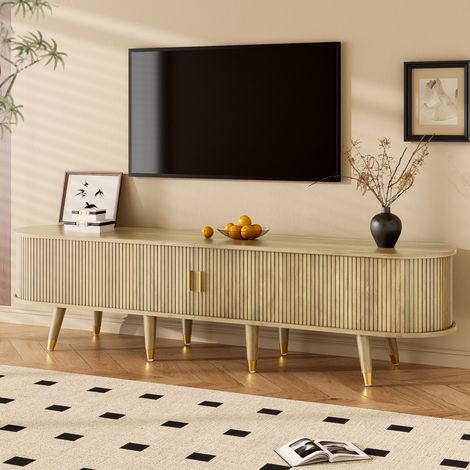 JOOKGBD-Meuble TV Style Campagnard 175×38×45cm, Finition Chêne Clair, Portes à Stries, Poignées et Embouts Dorés, Deux Tiroirs, Rangement Multi-Zones, Pieds en Bois Stable pour Salon (1/5)