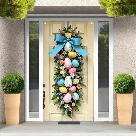 Guirlande De Porte De Pâques - 180 Cm - Œufs Artificiels Et Fleurs Colorées Avec Panneau Bienvenue - Décoration Printemps Été Extérieur Intérieur - 1 Pièce (1/5)