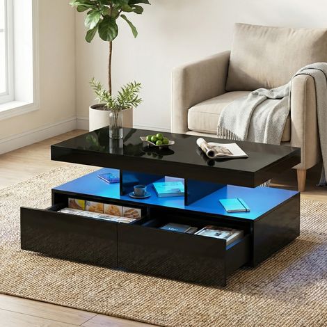 Tavolino da salotto LED rettangolare 104x53 cm, tavolo da soggiorno con 2 cassetti e vano contenitore, mobile da salotto moderno con finitura laccata lucida, Nero
