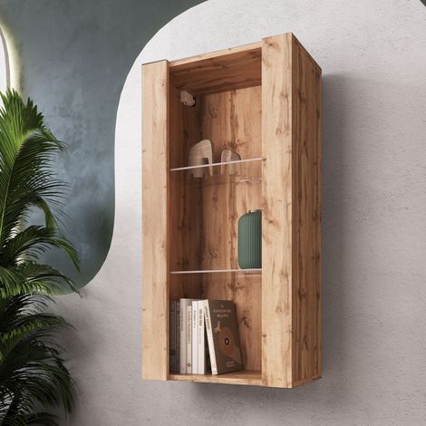 Komodee Vitrine Suspendue Tivoli Vertical 100, Wotan/Wotan, Sans LED Largeur 100cm x Hauteur 50cm x Profondeur 29,5cm, 2 étagères en verre, pour Salon, Chambre (1/5)