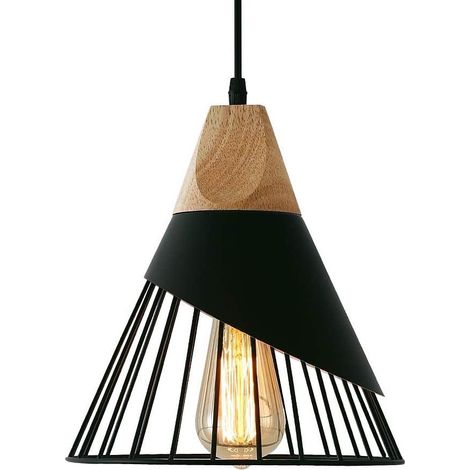 Suspension vintage en bois et métal, luminaire industriel pour salle à manger, cuisine ou salon, design minimaliste et chic (1/4)