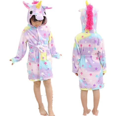 Langärmeliger Flanellbademantel für Kinder mit niedlichen Tiermotiven: Einhorn und Stern, 100 cm (1/5)