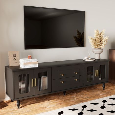 Meuble TV noir 175 x 38 x 55,5 cm, 4 portes en verre trempé cannelé, tiroirs push-to-open, poignées dorées et pieds métal (1/5)