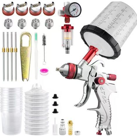 Pistolet pulvérisateur avec gobelets jetables de 650 ML Pistolet à Peinture 4 Buses 1,4 mm 1,7 mm 2,0 mm 2,5 mm Pistolets de Pulvérisation (Rouge) (1/5)