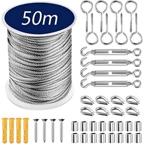 Cable de acero de 50 m, 1 juego multifuncional de cuerda de acero inoxidable, kit para colgar, cable de alambre, cuerda para tienda de campaña, tendedero para secar ropa, para tendedero, enrejado y pr