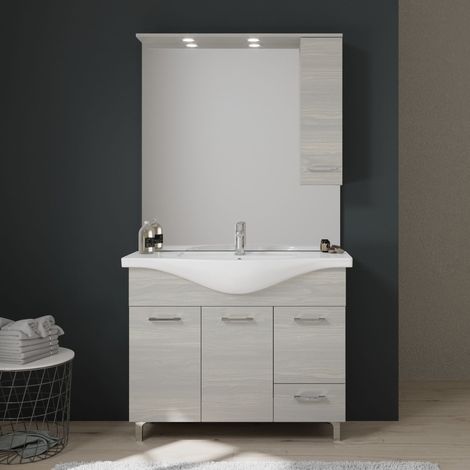 Kiamami Valentina – Meuble de salle de bains à poser 105 cm – 3 portes et tiroir – Lavabo céramique central – Miroir avec armoire LED (1/5)