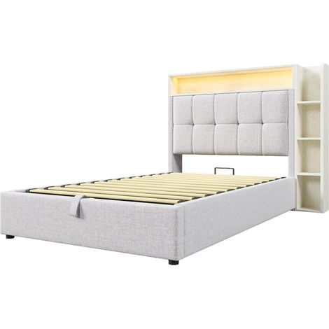 Letto contenitore imbottito 90 x 200 cm in lino e MDF, beige, con USB, USB-C e LED (1/5)