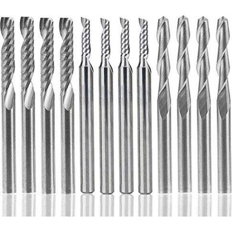 Lot de 12 fraises en carbure de tungstène, 4 fraises CNC 1/8" à double cannelure + 8 fraises en bout à bord unique (2 types) pour nylon, résine, ABS, acrylique, PVC, MDF, bois