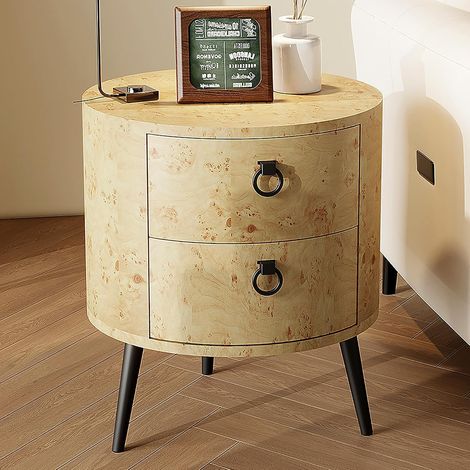 Table d’Appoint Ronde avec 2 Tiroirs, Marron Clair, Pieds Métal Noir (1/5)