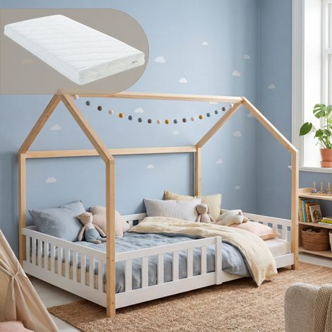 Hausbett Hesel mit Matratze und Rausfallschutz 120x200 cm Weiß/Natur [en.casa] (1/5)