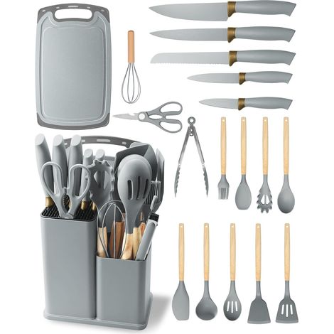 19 Pièces Set Couteaux de Cuisine - Ustensiles de Cuisine en Silicone avec 5 Couteaux et 13 Ustensiles, avec Boîte de Rangement (Gris) (1/5)