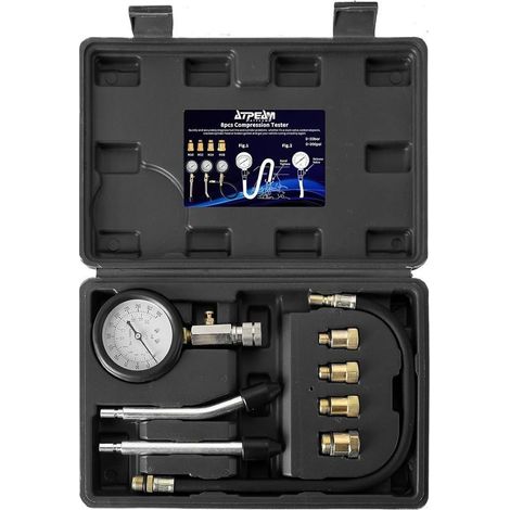 Compressiometre Essence, Testeur de Compression Cylindre 0-300 PSI, Manomètre de Pression Moteur avec 4 Adaptateurs pour Voiture et Moto M10 M12 M14 M18 (1/5)
