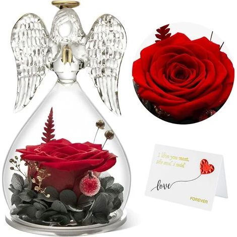 Rose Éternelle Sous Dôme En Verre - Figurine Ange Gardien - Cadeau Pour Maman Fiancée Femme - Rose Réelle Préservée - 1 Pièce (1/5)