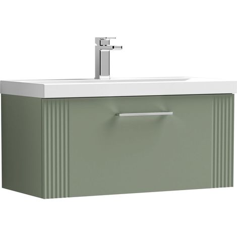 Belvide Partial Fluted 1 Drawer Wall Hung Vanity Unit with 1 Tap Hole Thin-Edge Basin- 800mm - Satin Green