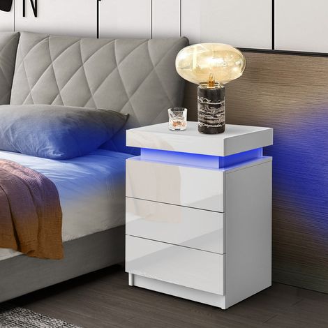 Bedside Table, Modern High Gloss Front 3 Drawer Nightstand with RGB Strip Light Flip Cover Design Bedside Cabinet for Bedroom Living room, White