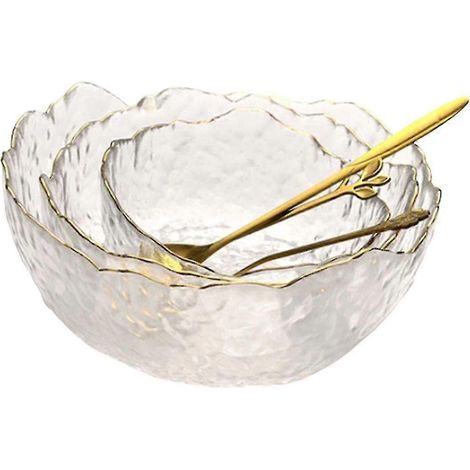 HONORNIC - Saladier en verre de forme irrégulière avec bordure dorée, transparent, idéal pour salades, fruits, soupes et desserts.