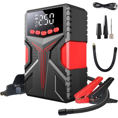 Démarreur multifonctionnel avec compresseur d'air, booster de batterie 2000 A (pour moteurs essence jusqu'à 6,5 L ou diesel jusqu'à 4,0 L), gonfleur de pneus numérique 150 PSI, lampe LED et fonction b (1/5)