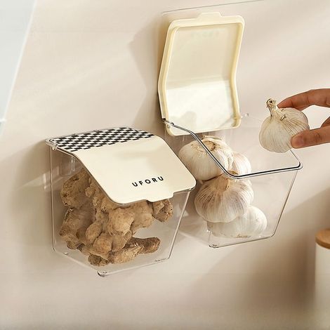 Hängender Küchenaufbewahrungskorb für Zwiebeln, Ingwer und Knoblauch nicht perforiertes Material transparenter, wasserdichter Deckel (groß) (1/5)