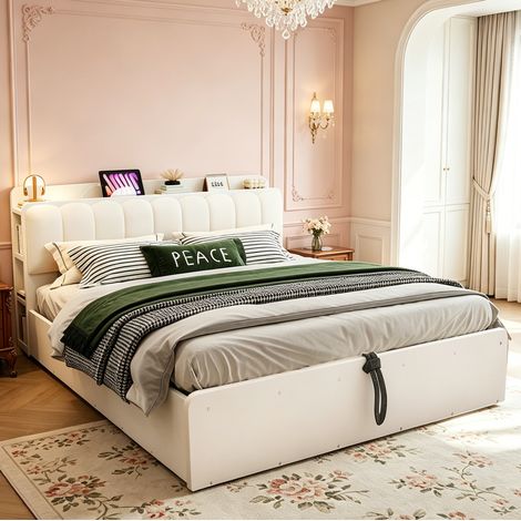 Cama canapé 180x200 cm de madera blanca con cabecero USB y almacenaje, sin colchón – MEUBLIV (1/5)