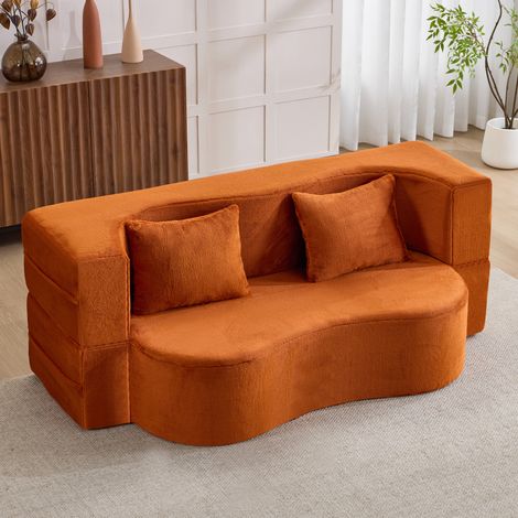 Canapé-lit pliable 180x110x70 cm en tissu peluche orange, gain de place au salon – MEUBLIV (1/5)