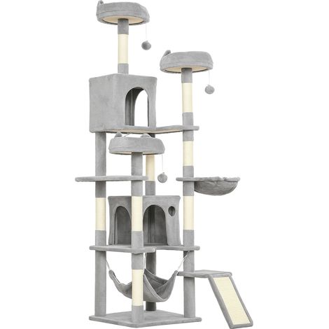 Albero Tiragraffi per Gatti 48x48x192 cm con Amache e Casette in Sisal e Peluche Grigio e Crema