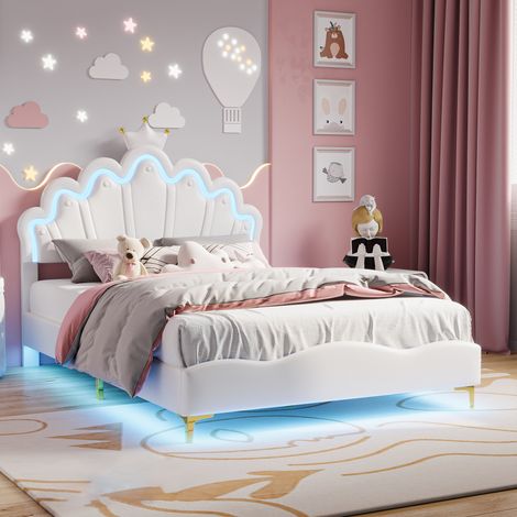 Lit double 140x200cm, Lit princesse en forme de couronne, Lit enfant 140x200cm avec sommier à lattes et éclairage LED, PU, Blanc, sans Matelas (1/5)