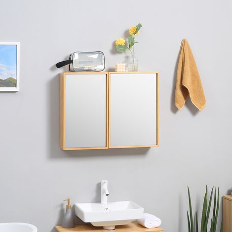 Armoire de salle de bain avec miroir à double porte, 3 étagères intérieures, armoire murale en bambou naturel pour salles de bain (1/4)
