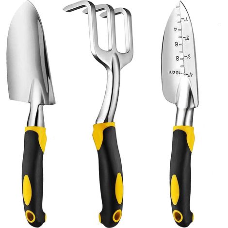 Ensemble d'outils de jardinage 3 pièces en aluminium moulé avec poignée en caoutchouc souple : pelle à main robuste et durable, pelle à transplanter, râteau à main (1/3)