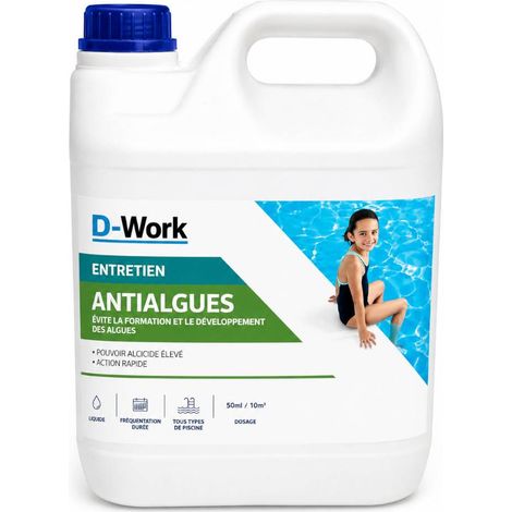 Antialgue Liquide Peu Moussant 5 l - Algicide Préventif, Effet Clarifiant - Protection et Eau Claire - D-Work (1/3)