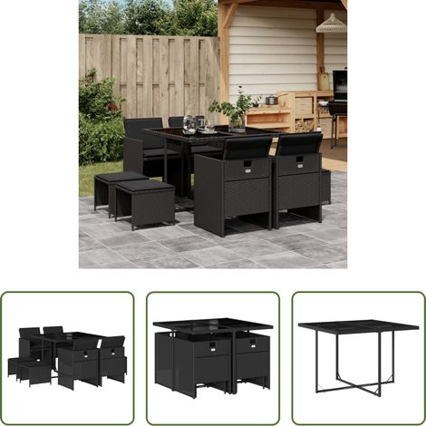 vidaXL Gartenstuhl - 9-tlg. Garten-Essgruppe mit Kissen Schwarz Poly Rattan (1/5)