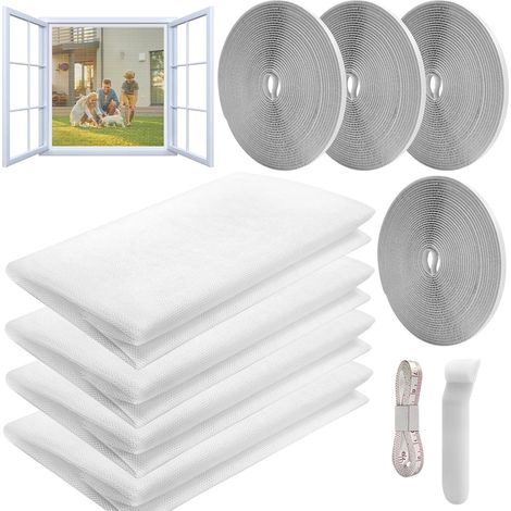 4 Pièces Moustiquaire Fenetre Sans Perçage 150x180cm, DIY Découpable Moustiquaire Fenetre Adhesive, Respirantes Anti Moustique Fenetre avec Bande Auto-Agrippante (Blanc) (1/5)