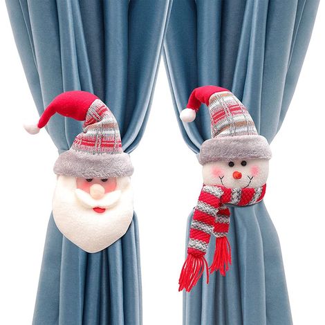 Lot de 2 embrasses de rideaux de Noël à boucles, motif Père Noël et bonhomme de neige. Attaches réglables pour rideaux de chambre. (1/5)