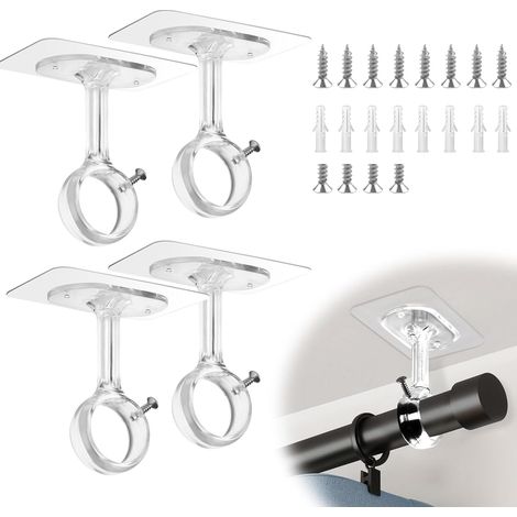 Supports Tringle à Rideaux, 4 pcs Supports pour Tringles à Rideaux Sans Perçage pour Plafond/Mur, Support de Tringle à Rideau Idéal pour Douches, Portes et Penderies (transparent B) (1/5)