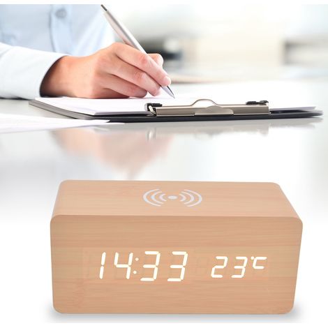 Reloj despertador digital Bluetooth con carga inalámbrica, detección automática de temperatura, 3 alarmas, modo de luz inteligente, carcasa de PVC y madera de nogal, dimensiones: 16,1 x 7 x 6,9 cm, co (1/5)