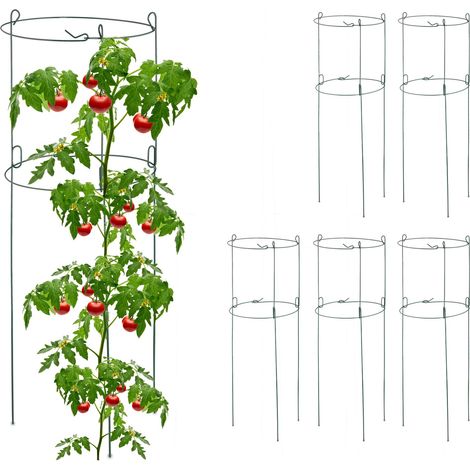 Relaxdays Rankhilfe 6er Set, Metall, runde Pflanzenstütze Tomaten & Gurken, HxD: 76 x 26 cm, 2 Ringe, Gurkenturm, grün