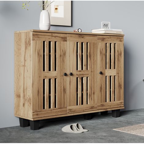 REDOM - Aparador 120x32x92 cm, 3 puertas caladas, 8 compartimentos de almacenaje, tablero de partículas, madera natural (1/5)