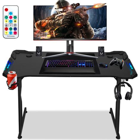 SWANEW Scrivania da gioco con tappetino per mouse, portabicchieri e gancio per cuffie, gambe della scrivania a forma di Z Scrivania da gioco - 120x60cm, met LED+telecomando (1/5)