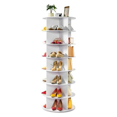 Zapatero para 28 Pares de Zapatos, 7 Estantes y 4 Compartimentos, Giratorio 360°, Ahorra Espacio, 16 kg por Nivel, para Dormitorio, Sala de Estar o Recibidor, Blanco, 598 x 598 x 1620 mm. (1/5)