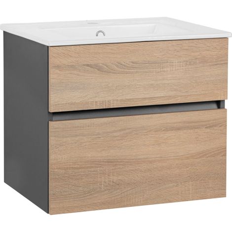 Meuble bas de salle de bain 60 cm – 1 abattant, 1 tiroir – Panneaux de mélamine, aspect chêne anthracite – Fixation sans poignées