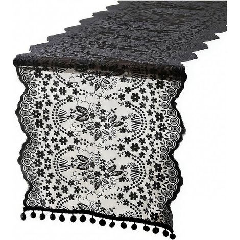 Chemin de table en dentelle française – Franges ajourées et à pompons – pour table de mariage et de réception – Décoration élégante et romantique (1/5)