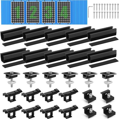 Kit de Montage PV pour 4 Module,Support de Panneau Solaire, Rail Noir de 12 CM,Clips de Drainage d'eau 30 MM, Pince Réglable pour Modules de 30 à 35 mm d'épaisseur- Pour toit plat,trapézoïdal (1/5)