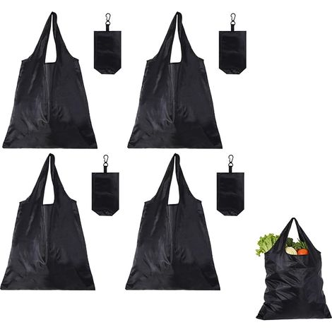 4 Pièces Sac de Courses Pliable et Réutilisable, Sacs Shopping Noir Léger, Étanche, Lavable (48 x 36,5 cm), pour Vos Courses, Voyages et Activités Quotidiennes, Reusable Shopper Bags